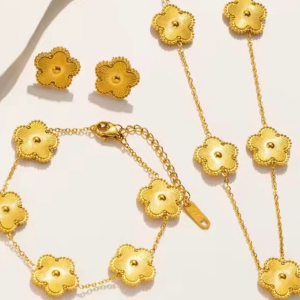 Gold Floral Necklace Bracelet and Earring Set